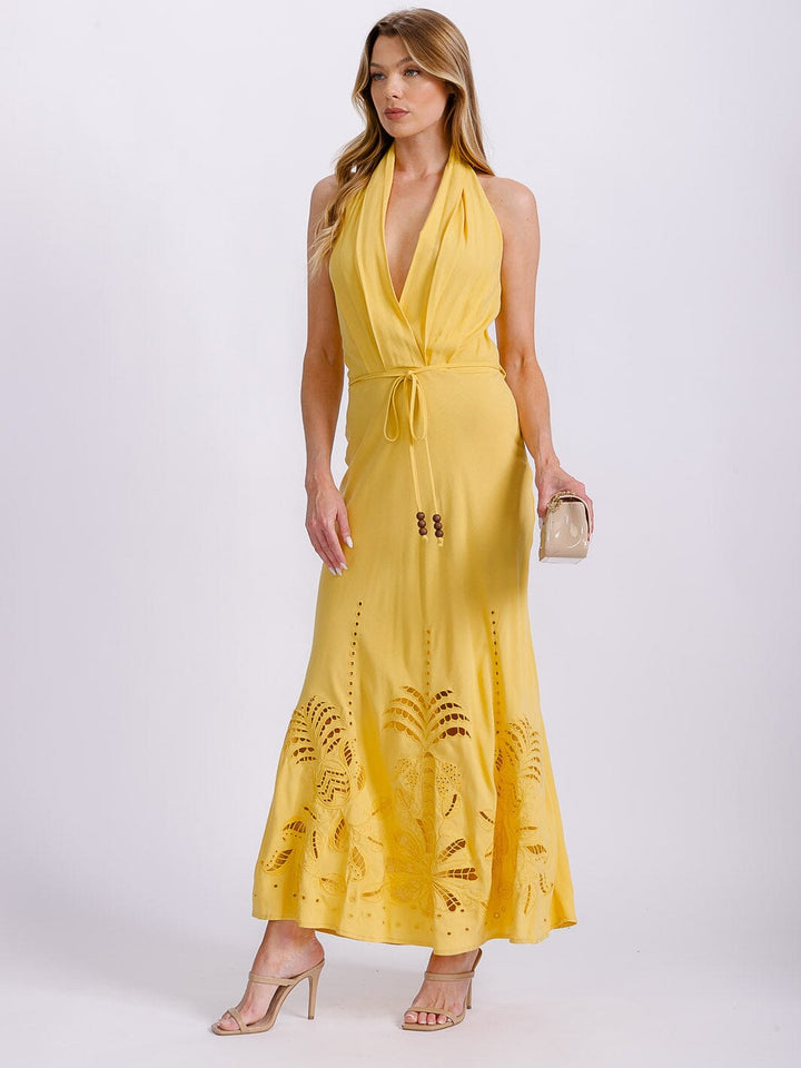 WOMEN'S SLEEVELESS SURPLICE EYELET BOTTON DETAILED OPEN BACK MAXI DRESS