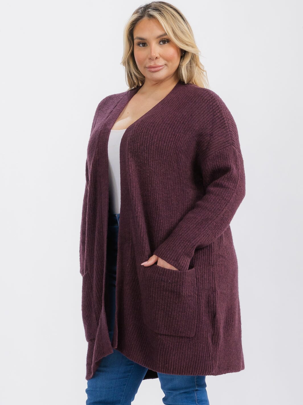 PLUS SIZE LONG SLEEVE OPEN FRONT POCKETS CARDIGAN