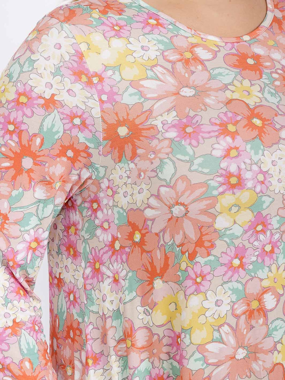 PLUS SIZE 3/4 SLEEVE FRONT POCKETS FLORAL RUFFLE BOTTOM HEM MAXI DRESS