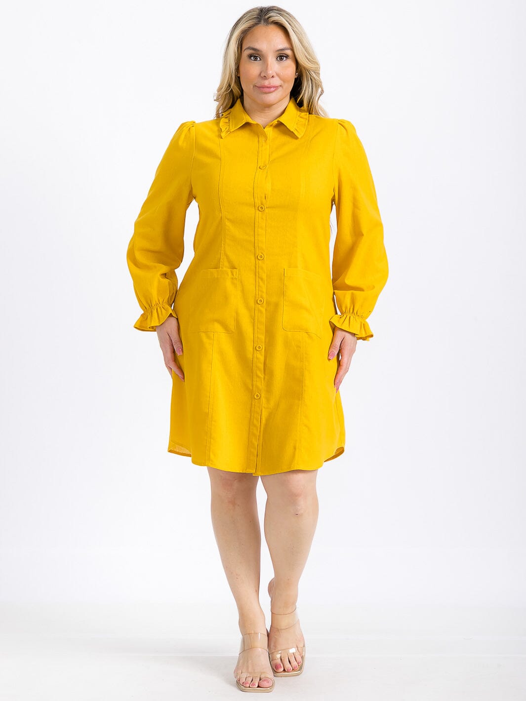 PLUS SIZE LONG SLEEVE BUTTON UP FRONT POCKETS SOLID MINI DRESS