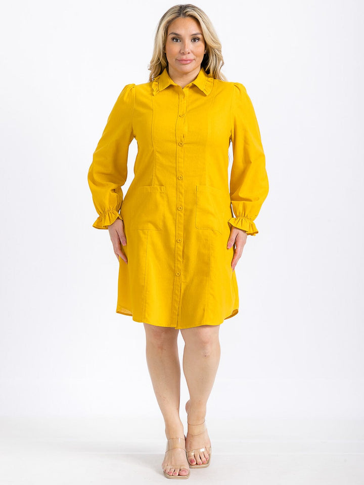 PLUS SIZE LONG SLEEVE BUTTON UP FRONT POCKETS SOLID MINI DRESS