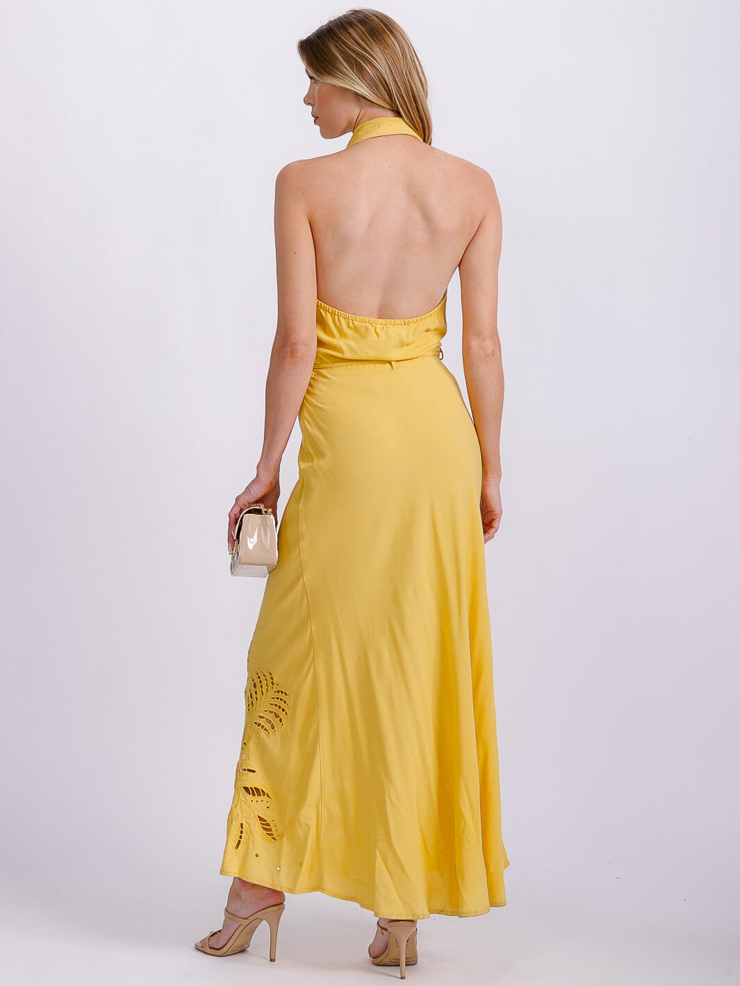 WOMEN'S SLEEVELESS SURPLICE EYELET BOTTON DETAILED OPEN BACK MAXI DRESS