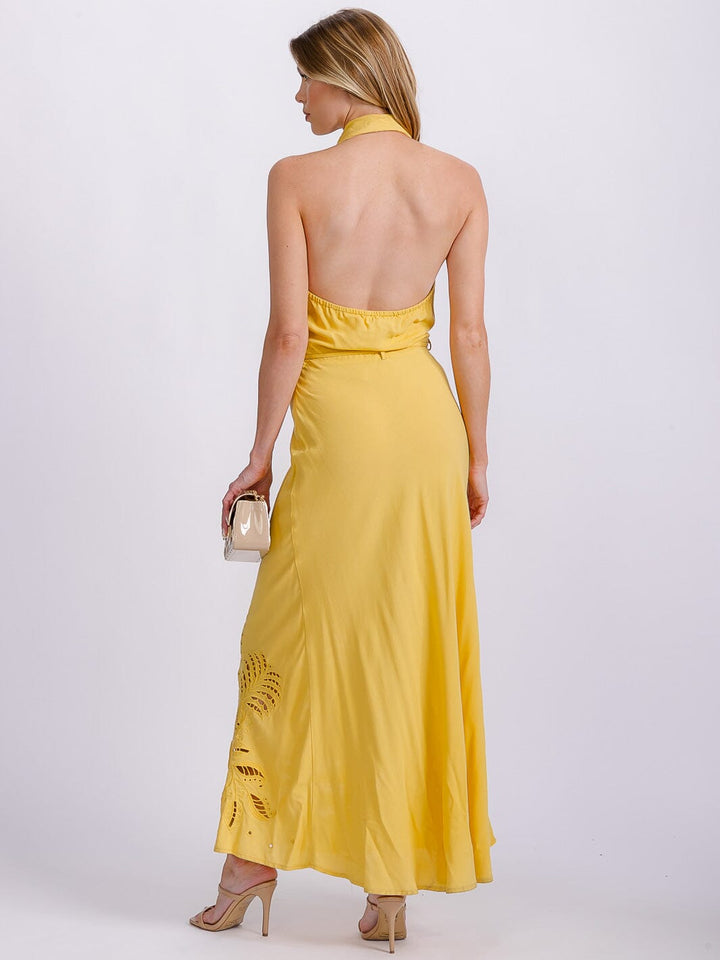 WOMEN'S SLEEVELESS SURPLICE EYELET BOTTON DETAILED OPEN BACK MAXI DRESS