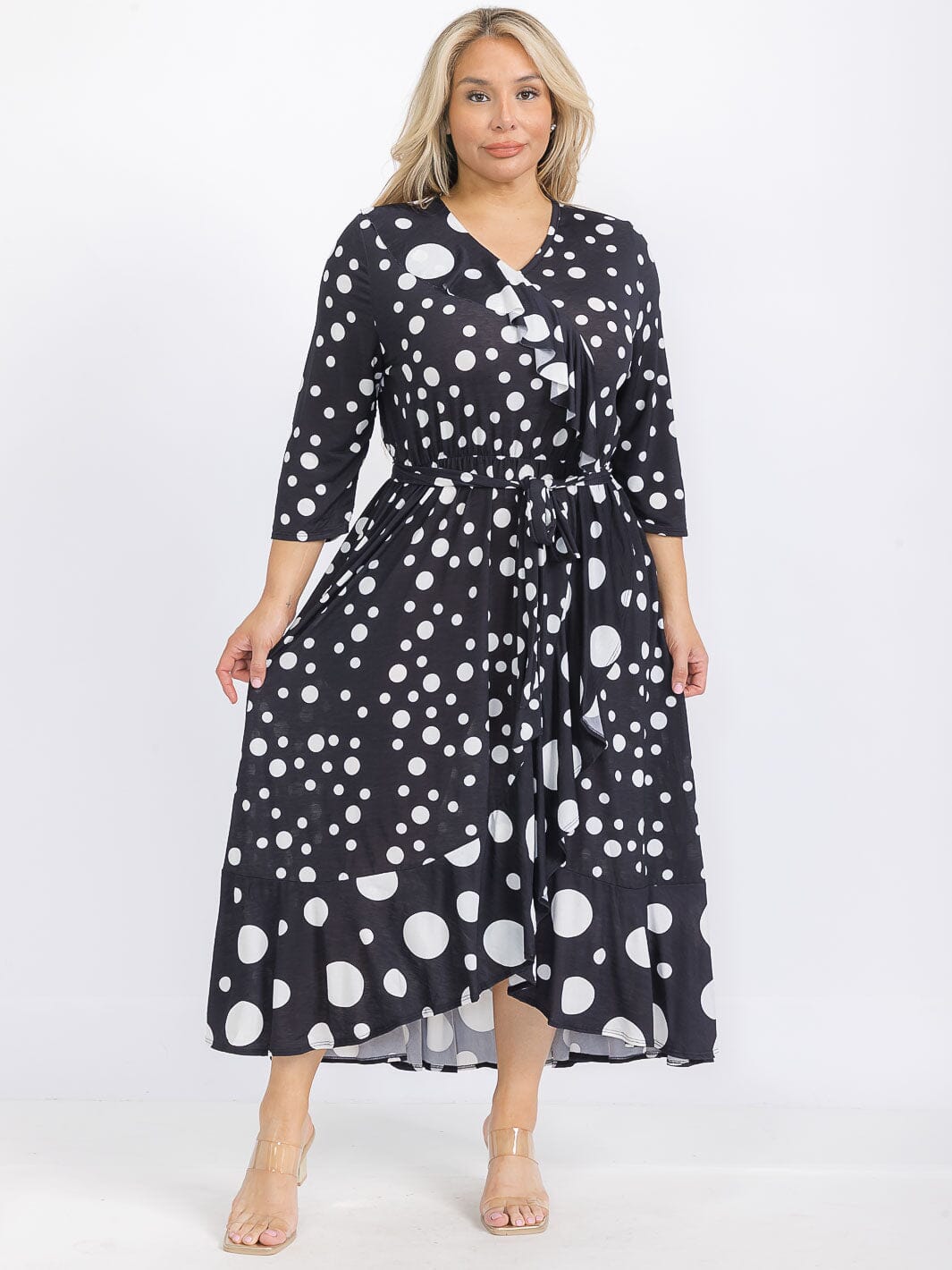 PLUS SIZE 3/4 SLEEVE FRONT POCKETS ELASTIC WAIST POLKA DOTS MAXI DRESS