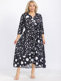 PLUS SIZE 3/4 SLEEVE FRONT POCKETS ELASTIC WAIST POLKA DOTS MAXI DRESS
