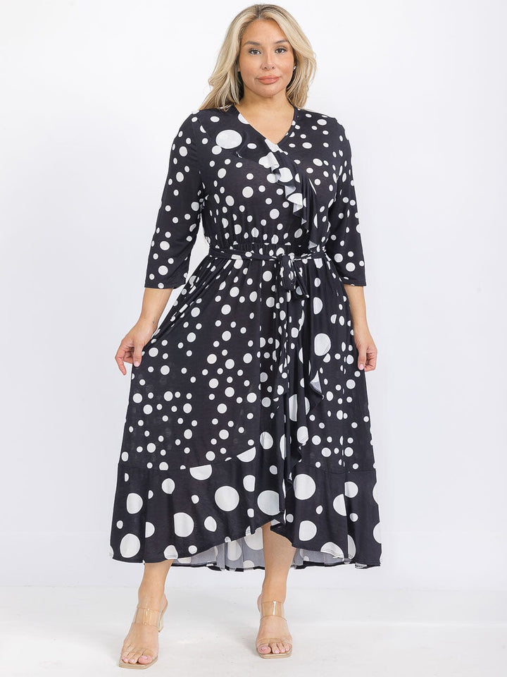 PLUS SIZE 3/4 SLEEVE FRONT POCKETS ELASTIC WAIST POLKA DOTS MAXI DRESS