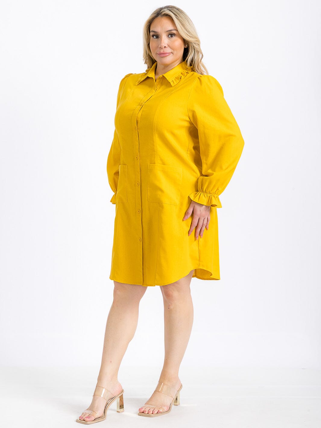 PLUS SIZE LONG SLEEVE BUTTON UP FRONT POCKETS SOLID MINI DRESS