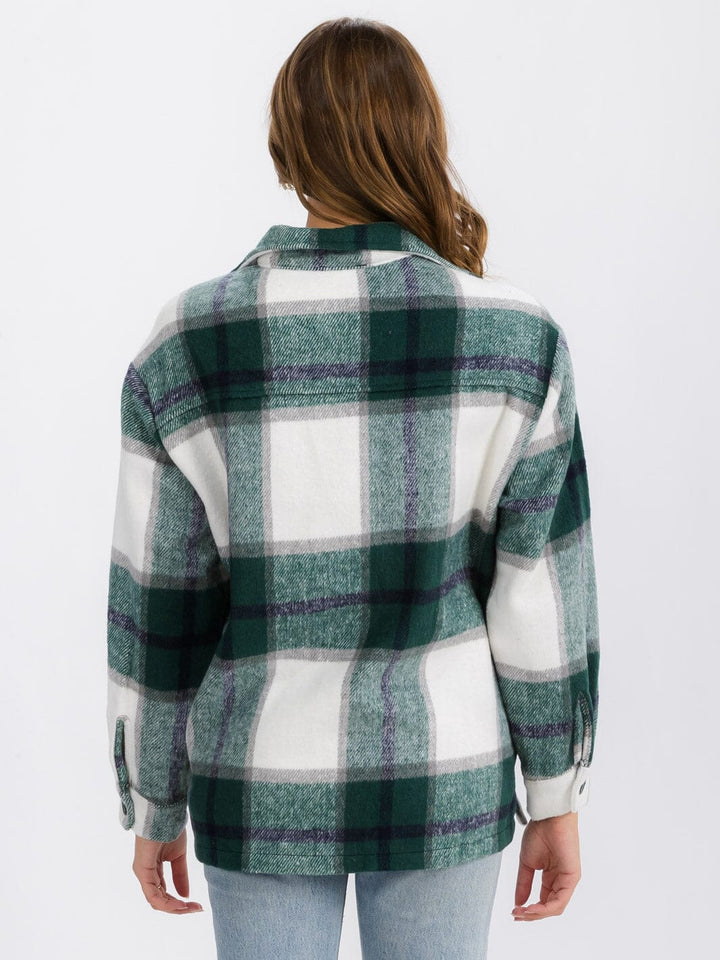 WOMEN'S LONG SLEEVE BUTTON CLOSURE FRONT POCKETS PLAID JACKET