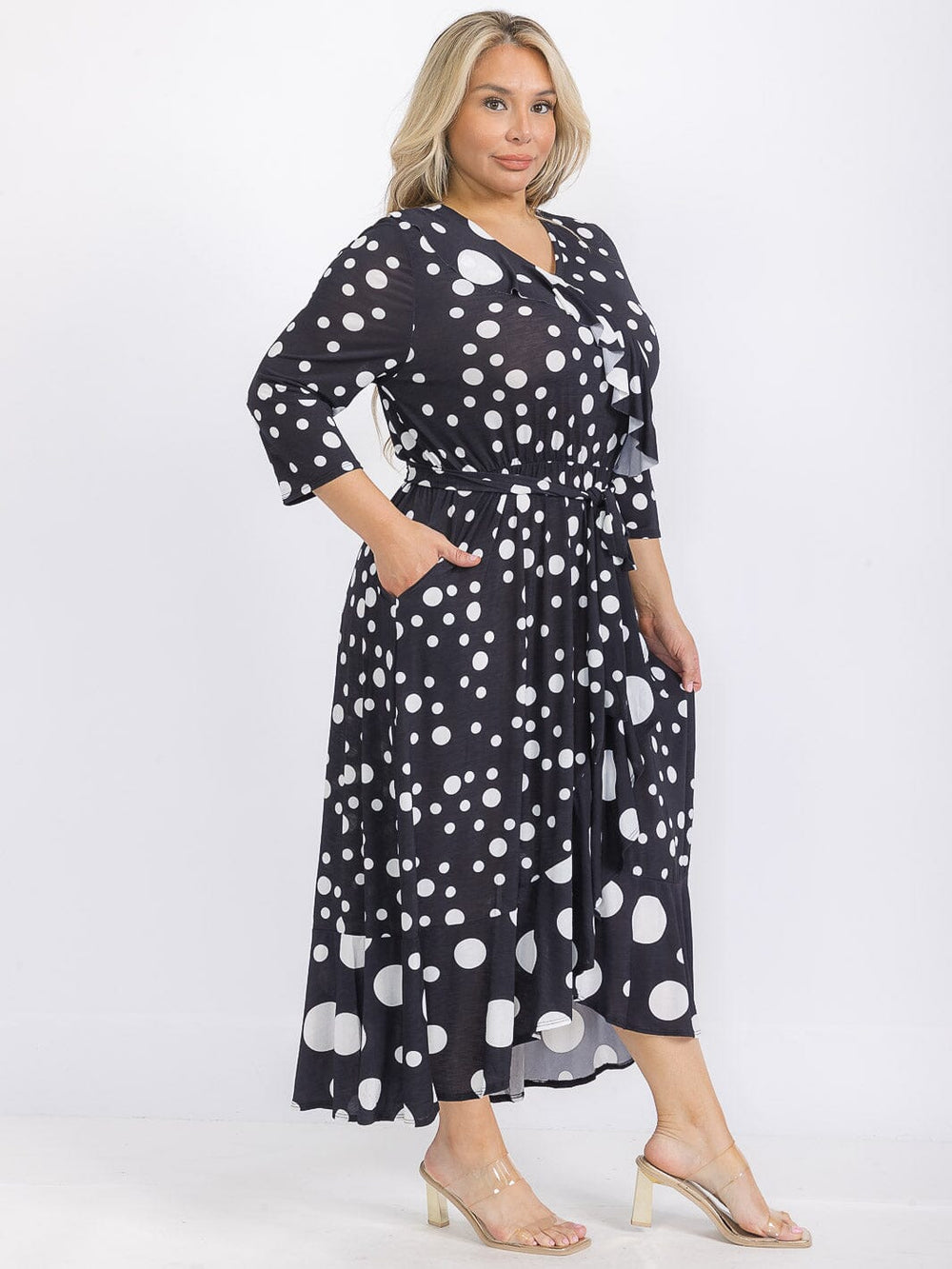 PLUS SIZE 3/4 SLEEVE FRONT POCKETS ELASTIC WAIST POLKA DOTS MAXI DRESS