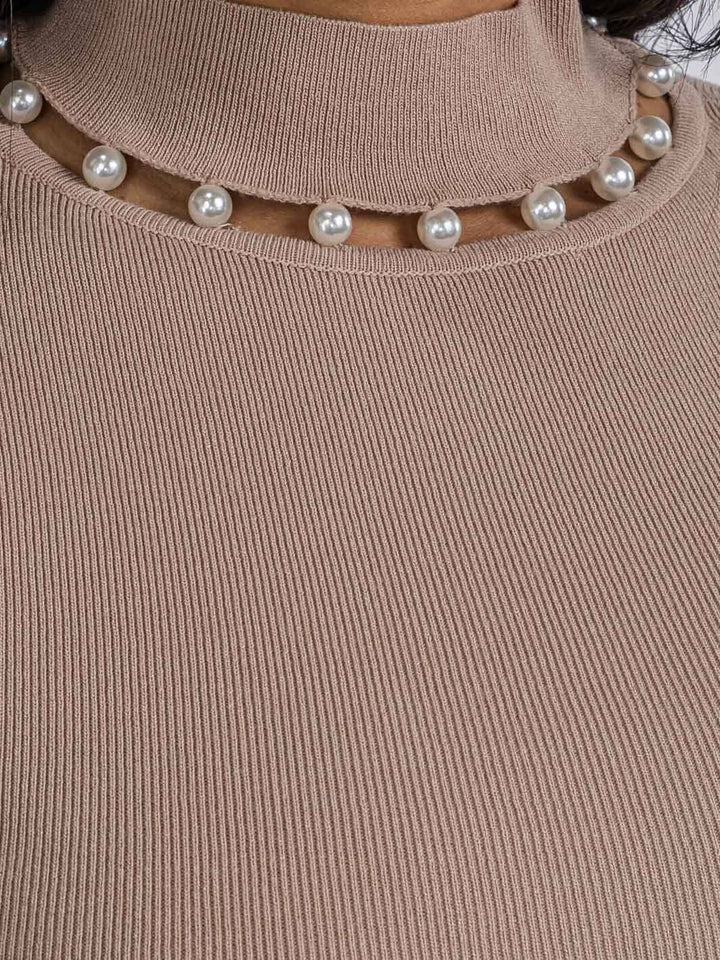 WOMEN'S LONG SLEEVE MOCK DETAILED NECK RIBBED TOP