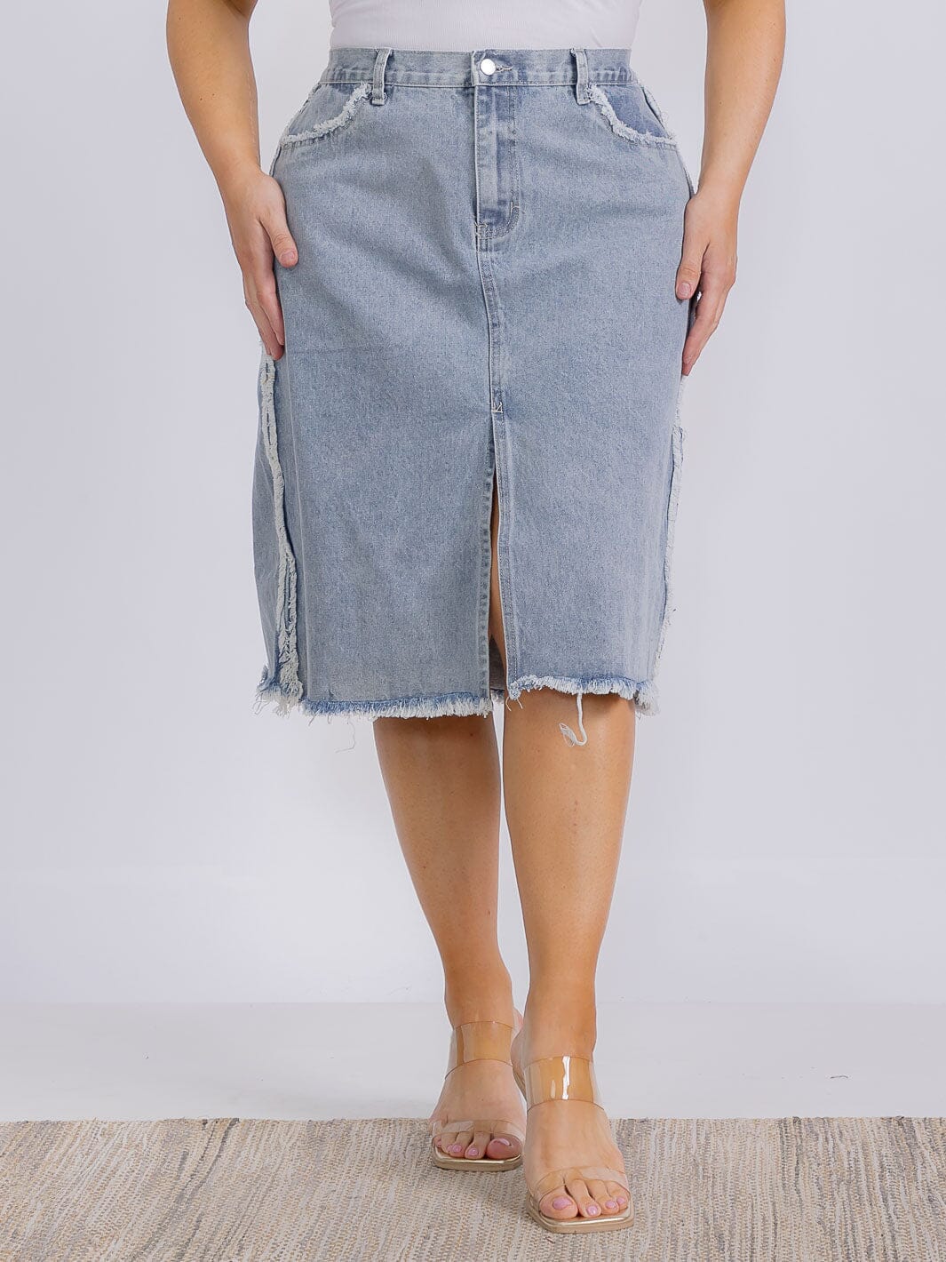 PLUS SIZE FRONT SLIT DENIM MIDI SKIRT