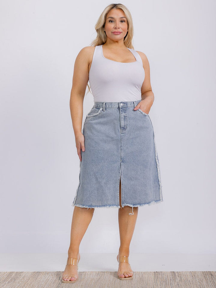 PLUS SIZE FRONT SLIT DENIM MIDI SKIRT