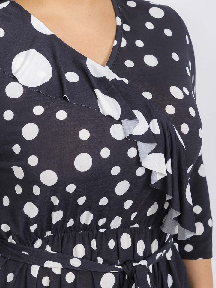 PLUS SIZE 3/4 SLEEVE FRONT POCKETS ELASTIC WAIST POLKA DOTS MAXI DRESS