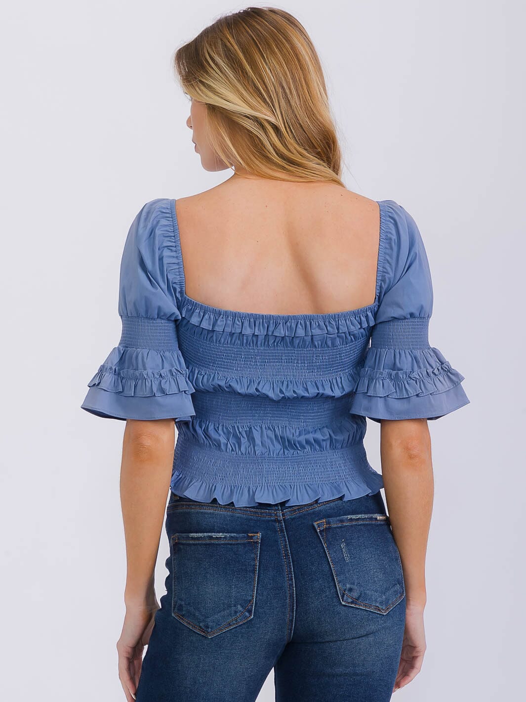 WOMEN'S SHORT RUFFLE SLEEVE SQUARE NECK SMOCK TOP