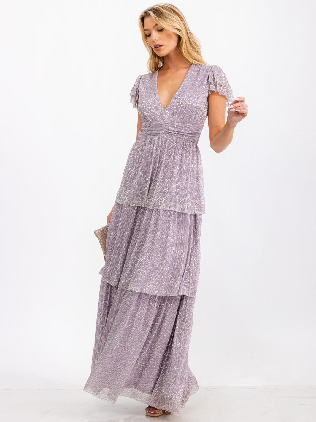 WOMEN'S SHORT SLEEVE V-NECK TIERED OPEN BACK SHIMMER MAXI DRESS