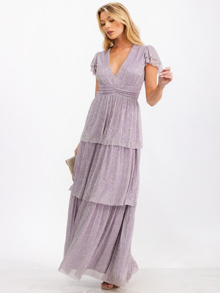 WOMEN'S SHORT SLEEVE V-NECK TIERED OPEN BACK SHIMMER MAXI DRESS