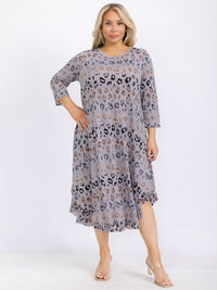 PLUS SIZE 3/4 SLEEVE FRONT POCKETS ANIMAL PRINT RUFFLE BOTTOM HEM MAXI DRESS