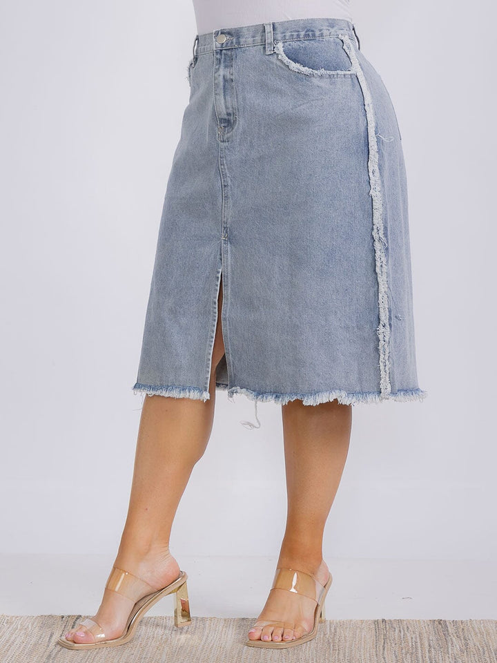 PLUS SIZE FRONT SLIT DENIM MIDI SKIRT
