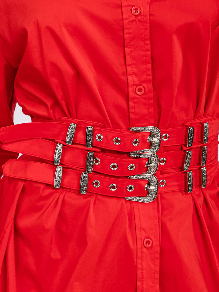 WOMEN'S LONG SLEEVE BUTTON UP FRONT BELT TUNIC MINI DRESS