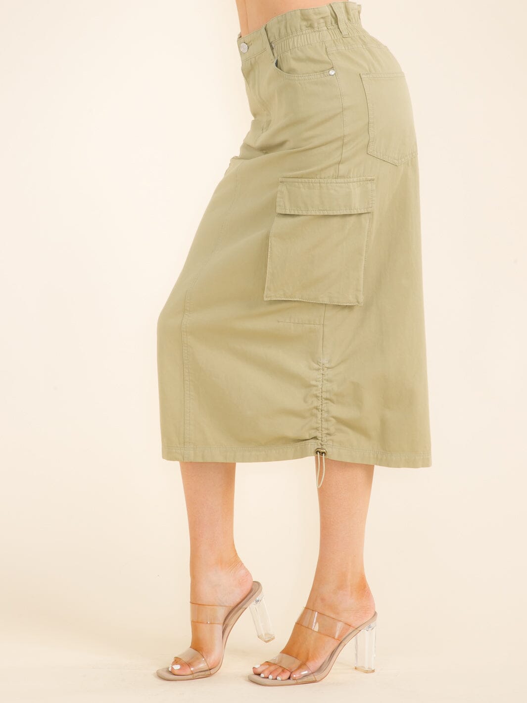 WOMEN'S ELASTIC WAIST CARGO POCKETS MIDI SKIRT