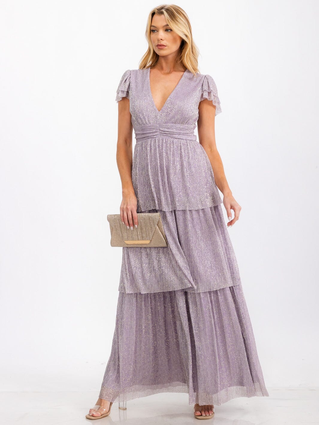 WOMEN'S SHORT SLEEVE V-NECK TIERED OPEN BACK SHIMMER MAXI DRESS
