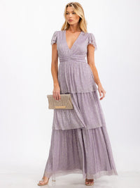 WOMEN'S SHORT SLEEVE V-NECK TIERED OPEN BACK SHIMMER MAXI DRESS