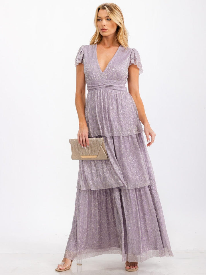 WOMEN'S SHORT SLEEVE V-NECK TIERED OPEN BACK SHIMMER MAXI DRESS