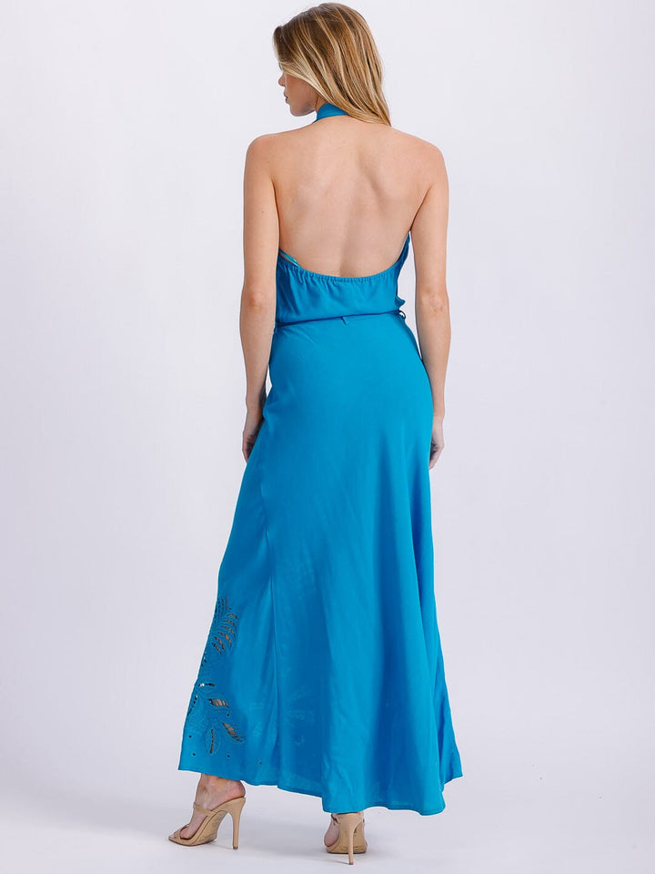 WOMEN'S SLEEVELESS SURPLICE EYELET BOTTON DETAILED OPEN BACK MAXI DRESS