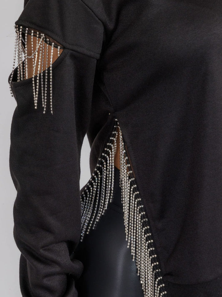 WOMEN'S LONG SLEEVE FRINGE DETAILED CUT OUT TOP