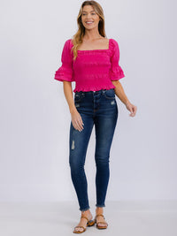 WOMEN'S SHORT RUFFLE SLEEVE SQUARE NECK SMOCK TOP