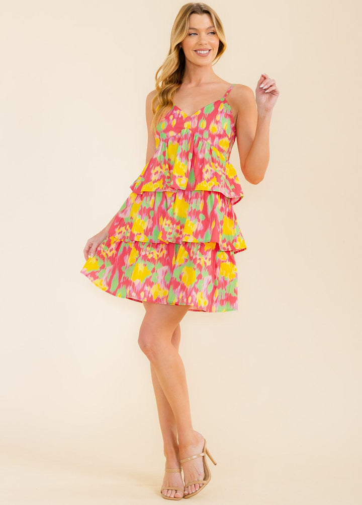 WOMEN'S SLEEVELESS V-NECK SMOCK TIERED MULTI PRINT MINI DRESS