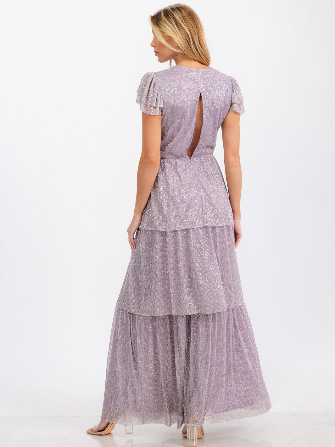 WOMEN'S SHORT SLEEVE V-NECK TIERED OPEN BACK SHIMMER MAXI DRESS