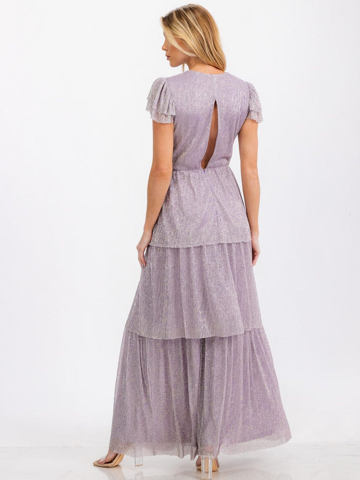 WOMEN'S SHORT SLEEVE V-NECK TIERED OPEN BACK SHIMMER MAXI DRESS