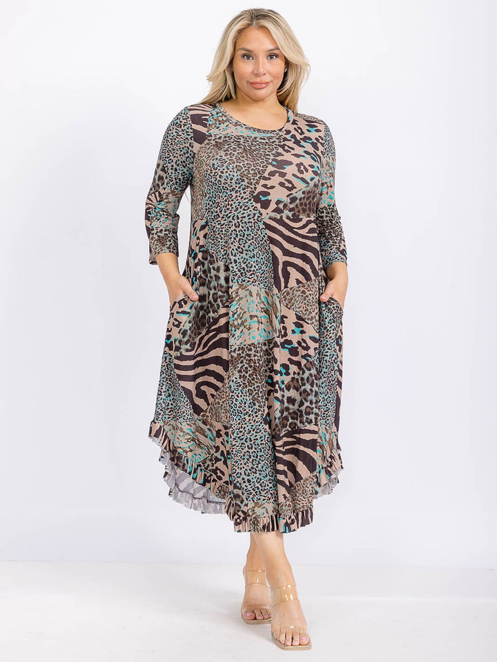 PLUS SIZE 3/4 SLEEVE FRONT POCKETS ANIMAL PRINT RUFFLE BOTTOM HEM MAXI DRESS