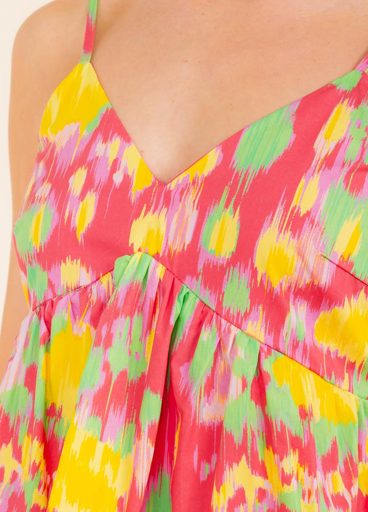 WOMEN'S SLEEVELESS V-NECK SMOCK TIERED MULTI PRINT MINI DRESS