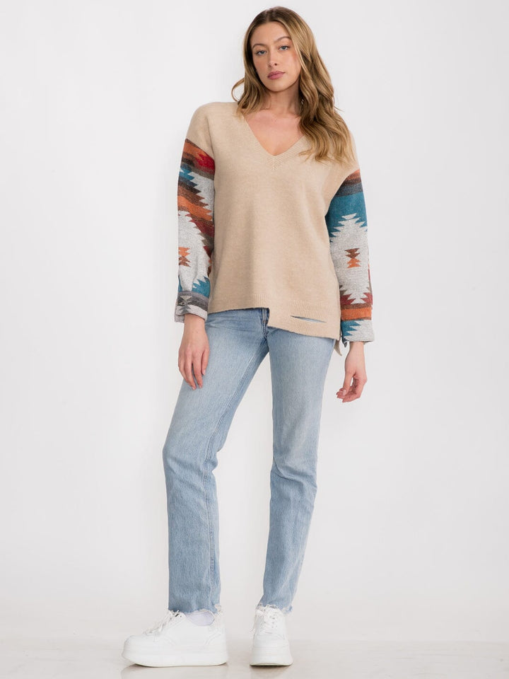 WOMEN'S LONG SLEEVE V-NECK MULTI PRINT PULLOVER DISTRESS SWEATER