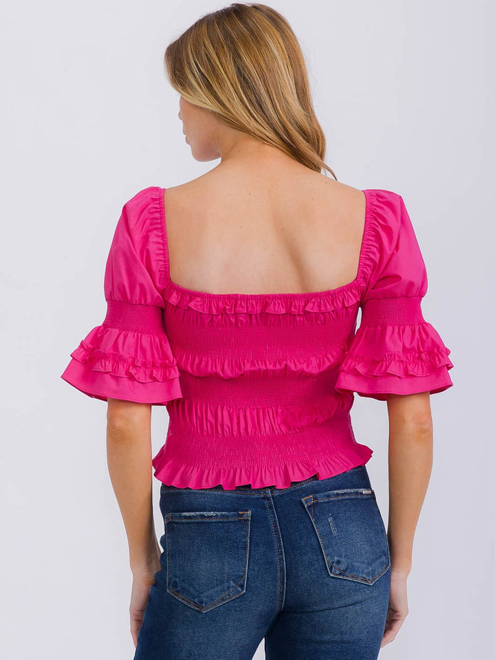 WOMEN'S SHORT RUFFLE SLEEVE SQUARE NECK SMOCK TOP