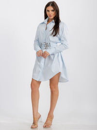 WOMEN'S LONG SLEEVE BUTTON UP FRONT BELT TUNIC MINI DRESS
