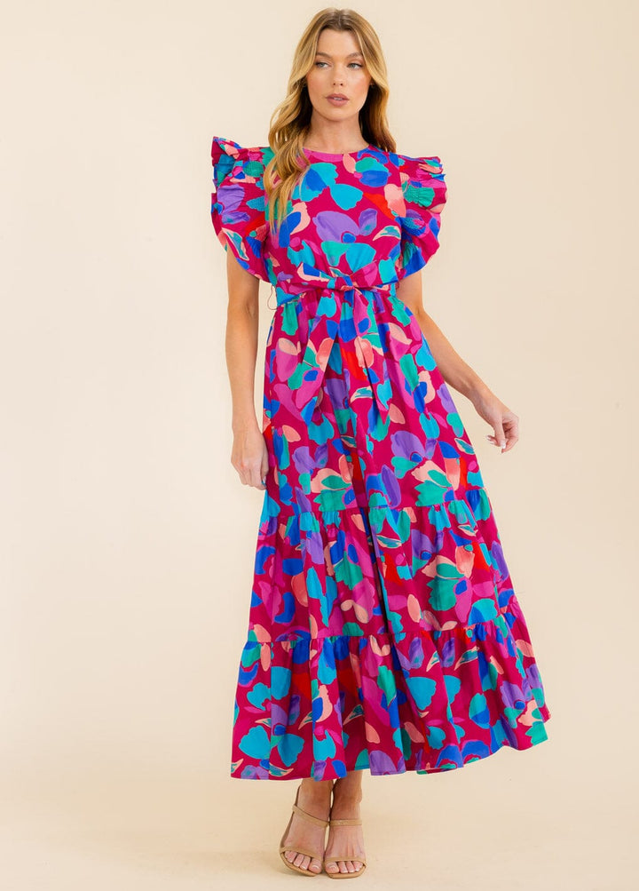 WOMEN'S RUFFLE SLEEVE SELF TIE FRONT POCKETS MULTI PRINT MAXI DRESS