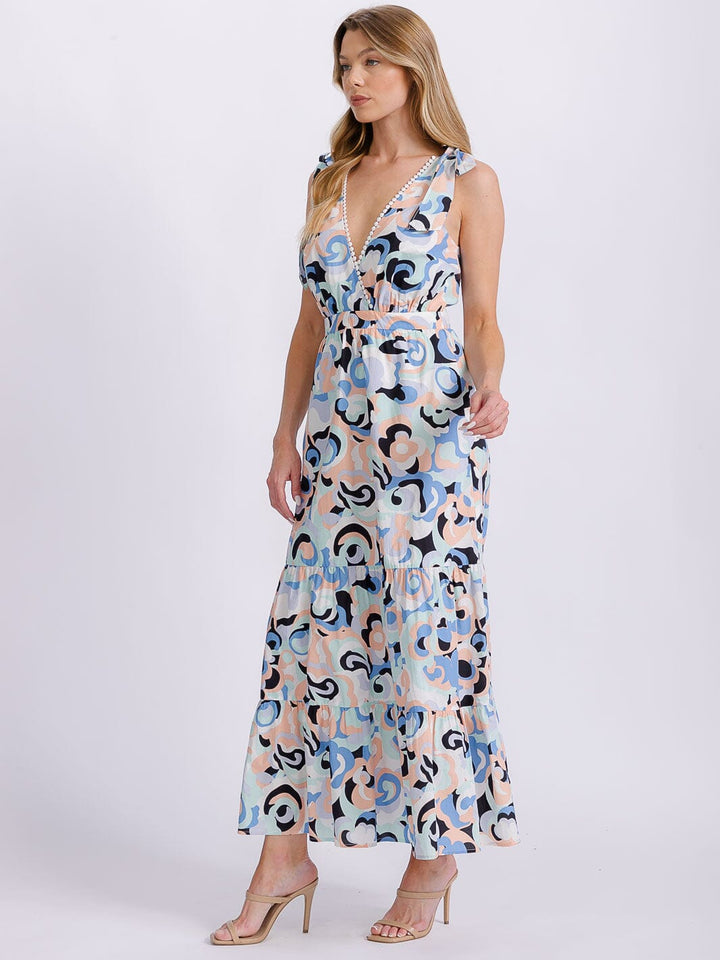 WOMEN'S SLEEVELESS V-NECK OPEN BACK MULTI PRINT MAXI DRESS