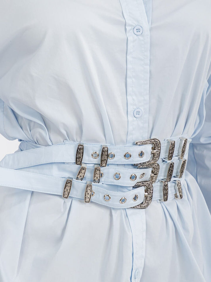 WOMEN'S LONG SLEEVE BUTTON UP FRONT BELT TUNIC MINI DRESS