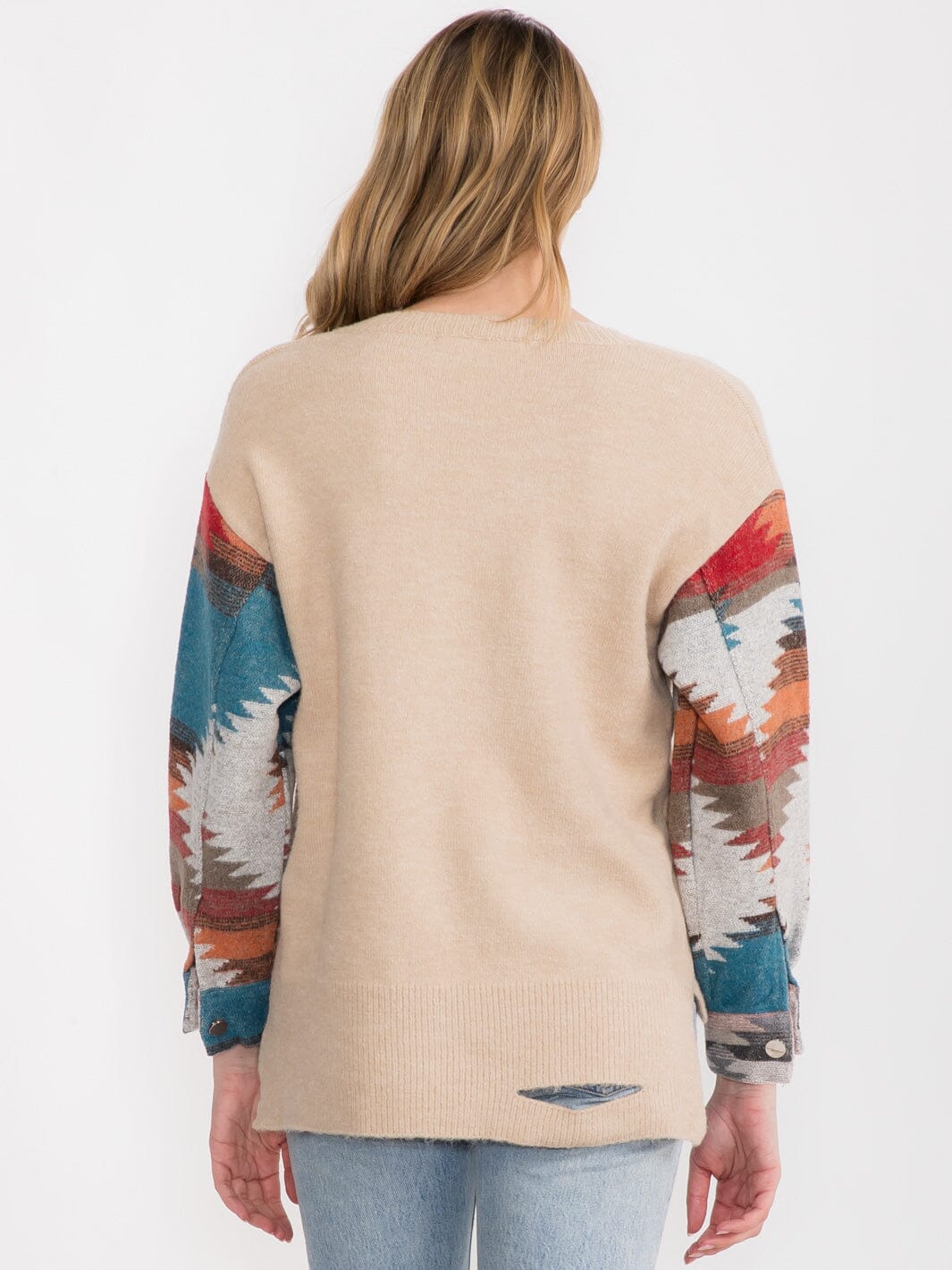 WOMEN'S LONG SLEEVE V-NECK MULTI PRINT PULLOVER DISTRESS SWEATER
