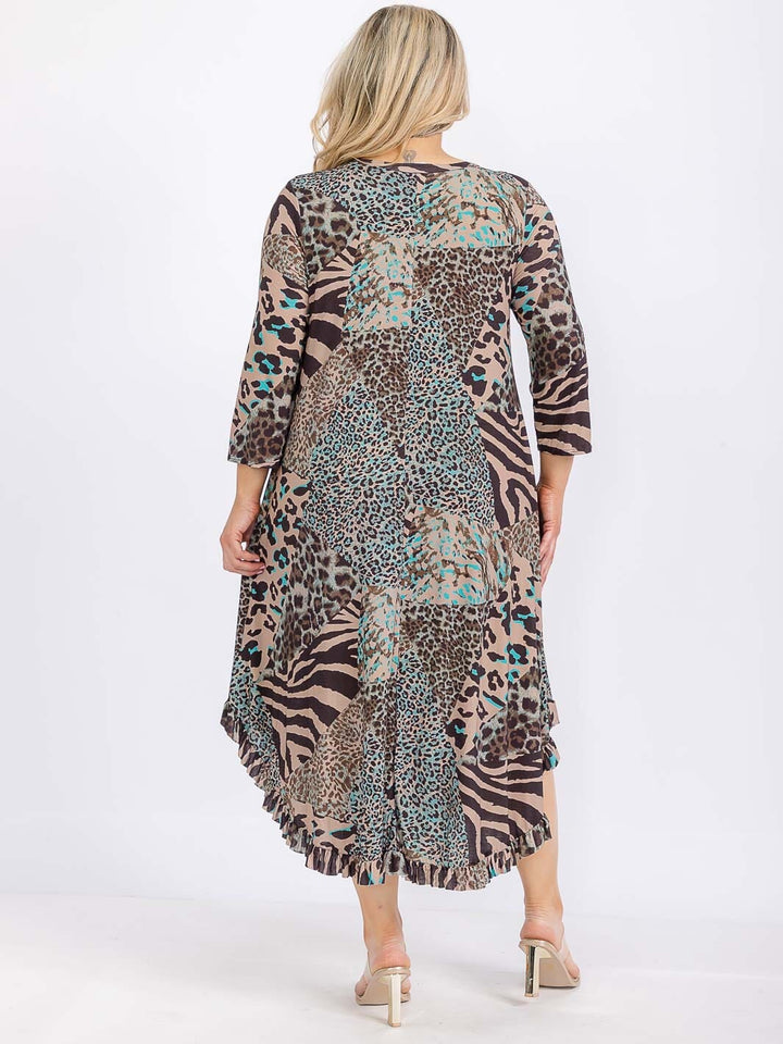 PLUS SIZE 3/4 SLEEVE FRONT POCKETS ANIMAL PRINT RUFFLE BOTTOM HEM MAXI DRESS