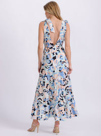 WOMEN'S SLEEVELESS V-NECK OPEN BACK MULTI PRINT MAXI DRESS
