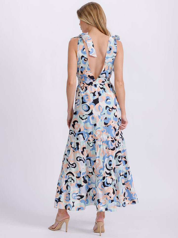 WOMEN'S SLEEVELESS V-NECK OPEN BACK MULTI PRINT MAXI DRESS