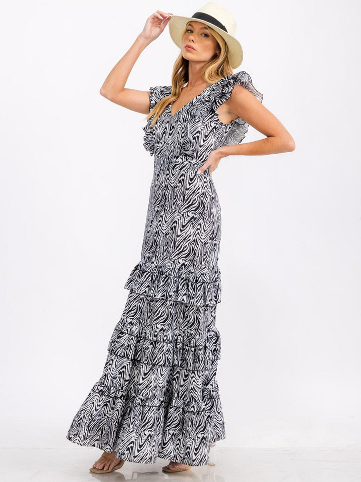 WOMEN'S RUFFLE SLEEVE V-NECK TIERED ANIMAL PRINT MAXI DRESS