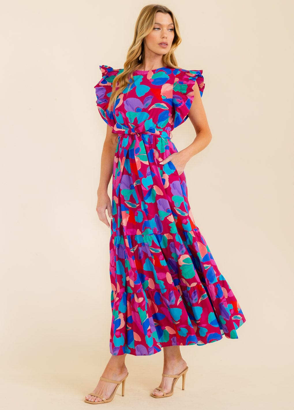WOMEN'S RUFFLE SLEEVE SELF TIE FRONT POCKETS MULTI PRINT MAXI DRESS