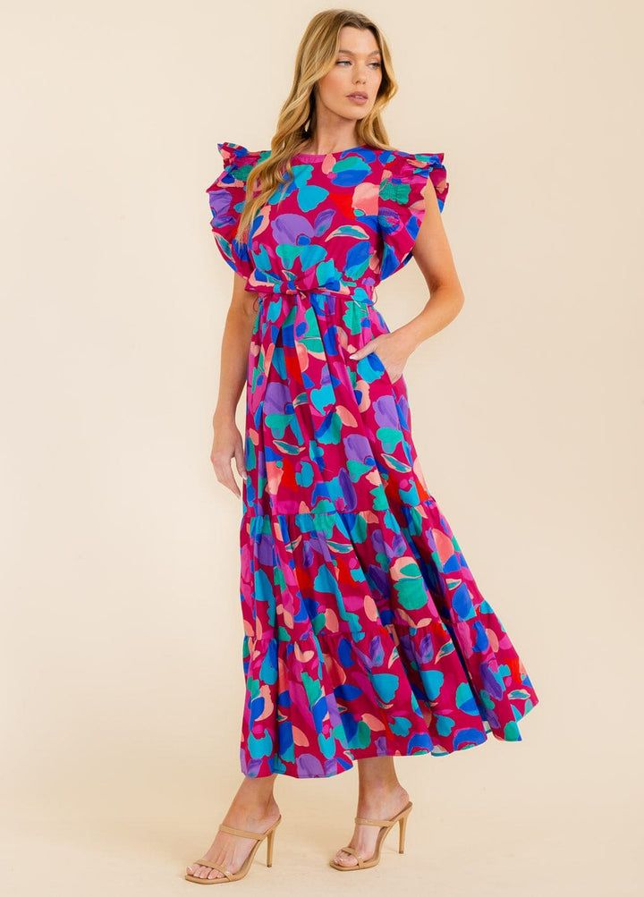 WOMEN'S RUFFLE SLEEVE SELF TIE FRONT POCKETS MULTI PRINT MAXI DRESS