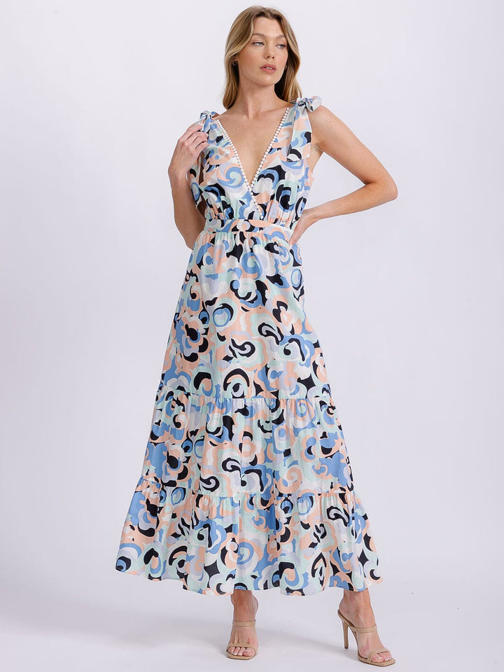 WOMEN'S SLEEVELESS V-NECK OPEN BACK MULTI PRINT MAXI DRESS