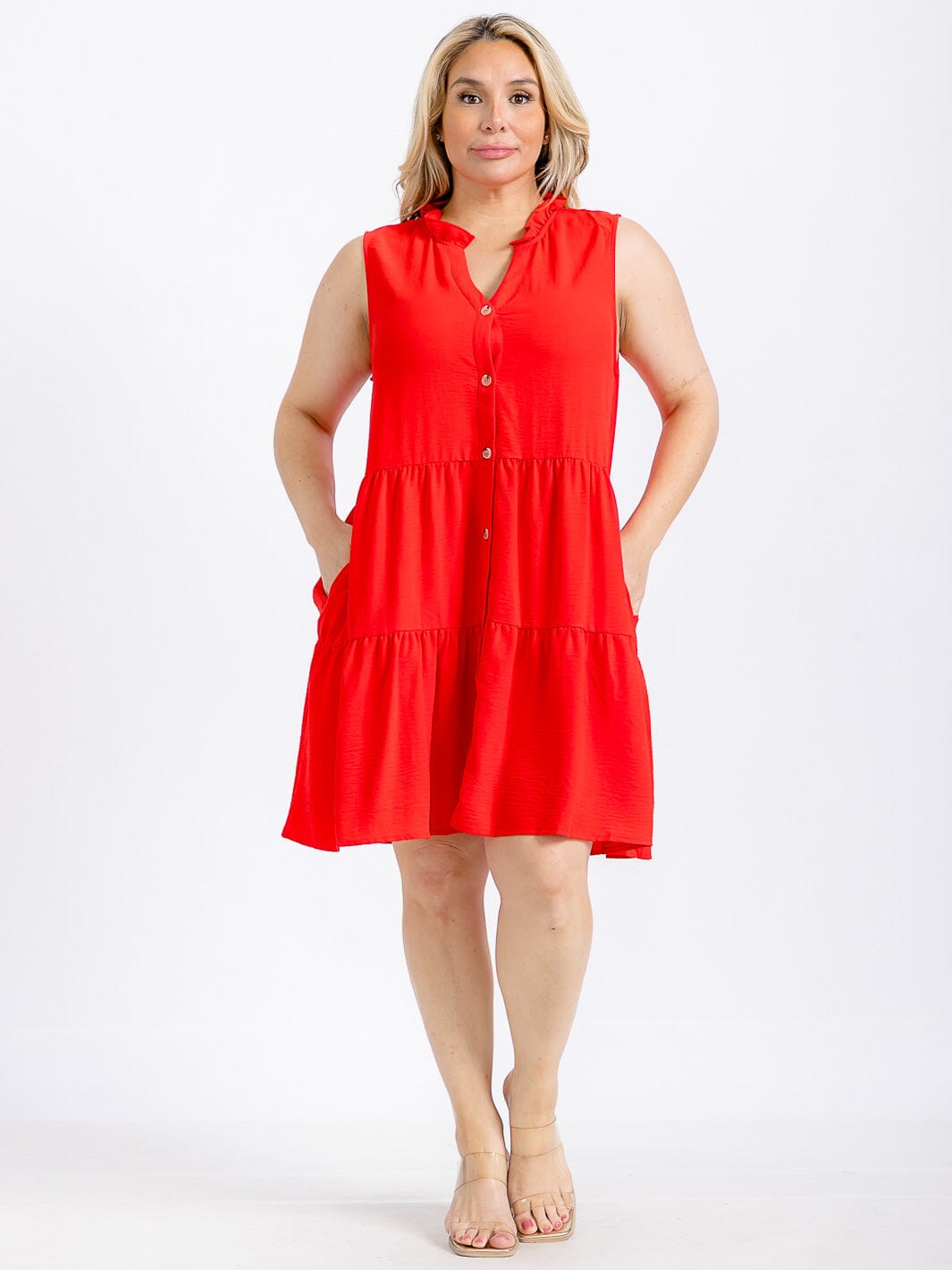 PLUS SIZE SLEEVELESS FRONT POCKETS TIERED TUNIC MINI DRESS